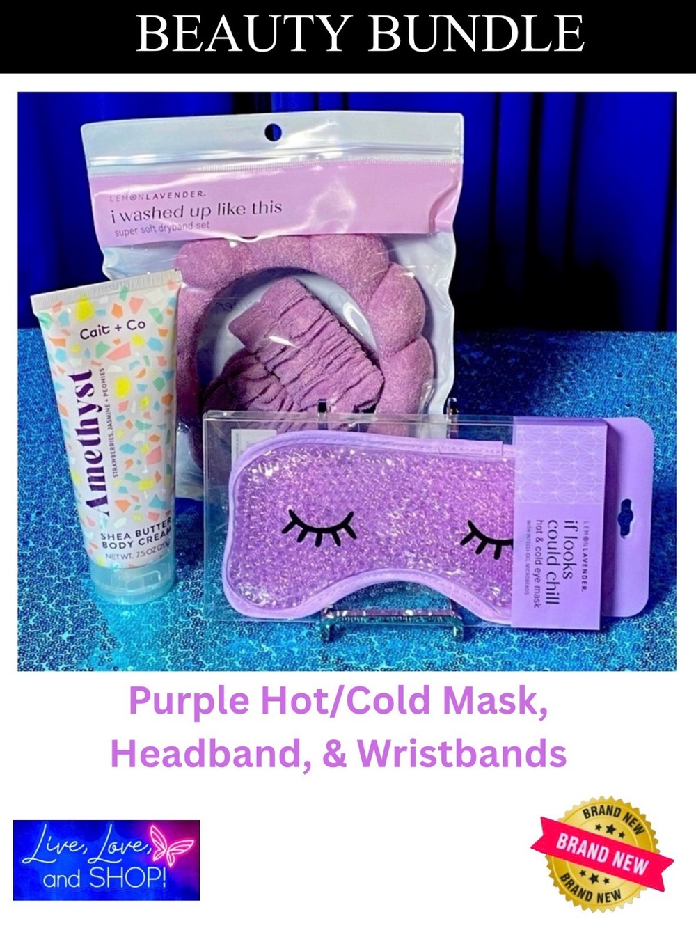 BEAUTY BUNDLE: Purple Hot/Cold Mask, Headband, Wristbands, Shea Butter Cr…
